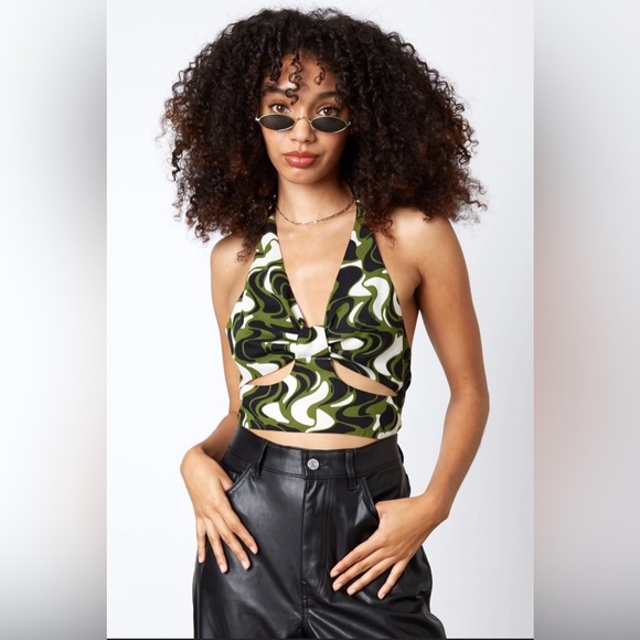 Stella Dallas Rainforest Night swirl cut out halter crop tops long tie back - Picture 1 of 7